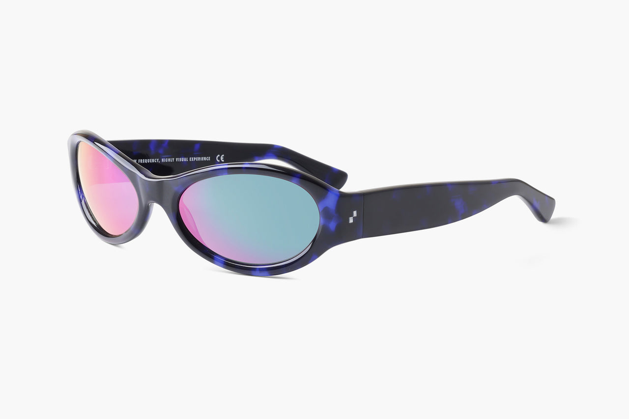 sunglasses paying tribute to the rave and techno scenes of the late '90s and early '00s. unisex design with reflective polarized lenses and handcrafted biodegradable cellulose acetate frames.