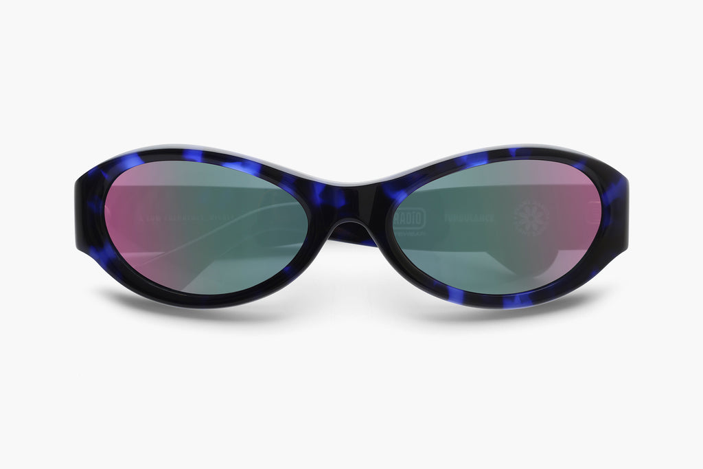 sunglasses paying tribute to the rave and techno scenes of the late '90s and early '00s. unisex design with reflective polarized lenses and handcrafted biodegradable cellulose acetate frames.